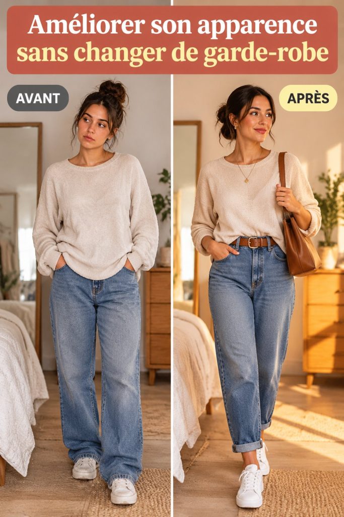 Un assortiment de vêtements et accessoires stylés sur un fond neutre, illustrant le style amélioré sans achat.