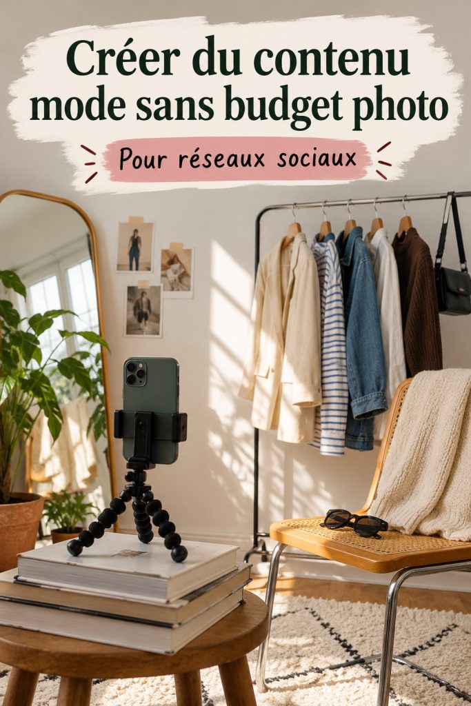 Un smartphone prenant en photo une tenue stylée avec un arrière-plan naturel.