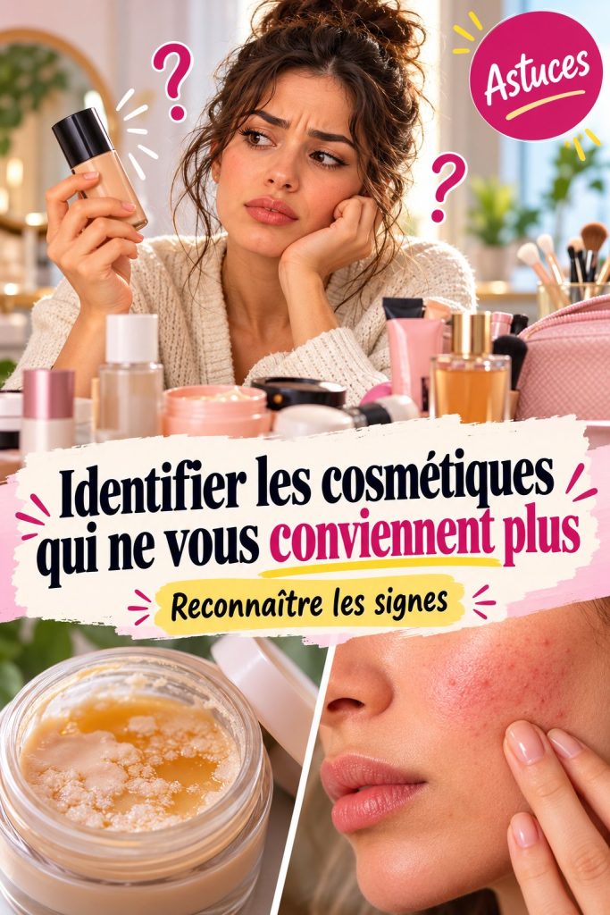 Femme examinant ses cosmétiques pour identifier ceux qui ne lui conviennent pas.
