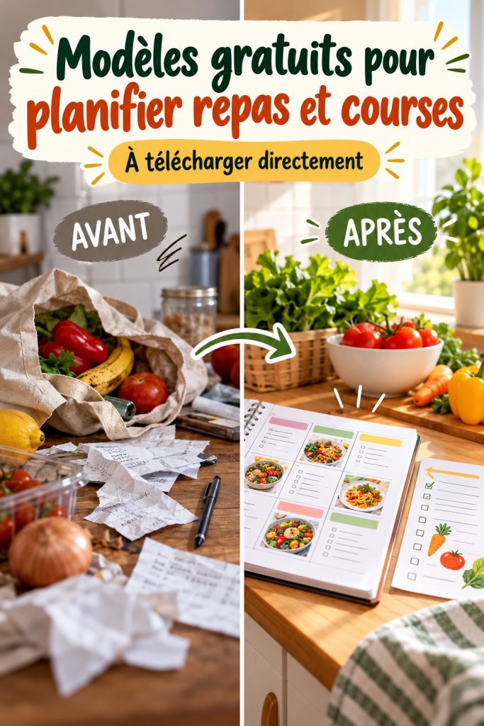 Une illustration de modèles gratuits pour planifier repas et courses, avec des listes colorées et organisées.