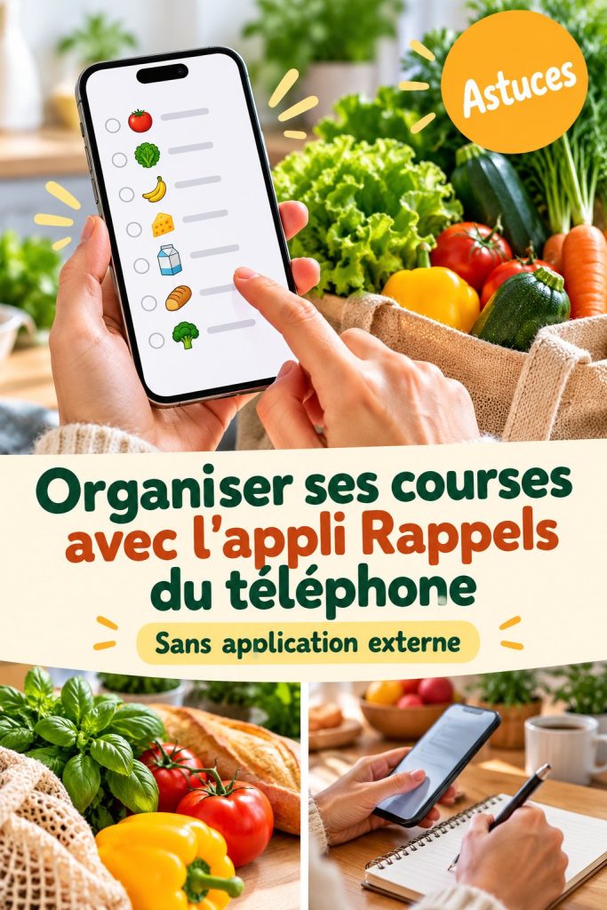 Capture d'écran de l'application Rappels montrant une liste de courses organisée