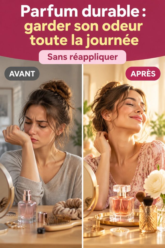 Flacon de parfum sur une coiffeuse avec des fleurs