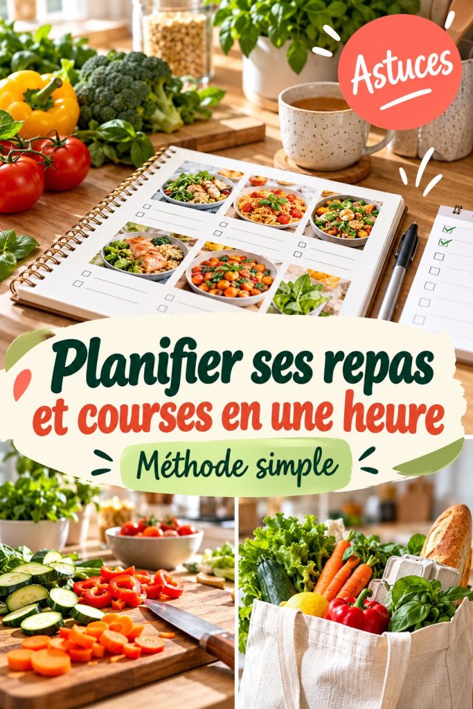 Un tableau de planification de repas et liste de courses sur une table.