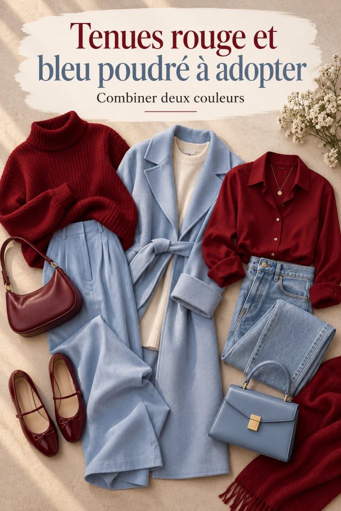 Tenues élégantes en rouge et bleu poudré pour un look moderne.